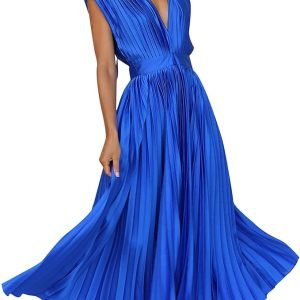 jsaierl Women’s Summer Dresses 2024 Trendy Sleeveless V-Neck A Line Maxi Dress Casual Fashion Smocked Cocktail Party Dress