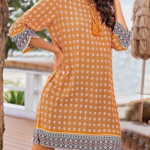 Hotouch Women Casual Summer Beach Dress Boho Tassel Tie Neck 3/4 Sleeve Short Babydoll Floral Print Flowy Cover Up Dresses